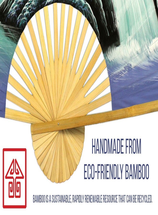 Oriental-Decor مروحة جدارية عملاقة قابلة للطي على شكل رافعات صينية، لوحة فنية جدارية مزخرفة مرسومة يدويًا، لوحة أصلية مصنوعة يدويًا من الأكريليك على إطار من الخيزران الطبيعي لتزيين غرفة المعيشة أو غرفة النوم، ريفية، بوهيمية (عرض 40 بوصة، لون أزرق مائي خيالي) - Image 4